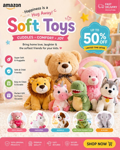 A festive, high-contrast promotional display for soft toys featuring clear value propositions and trust icons.