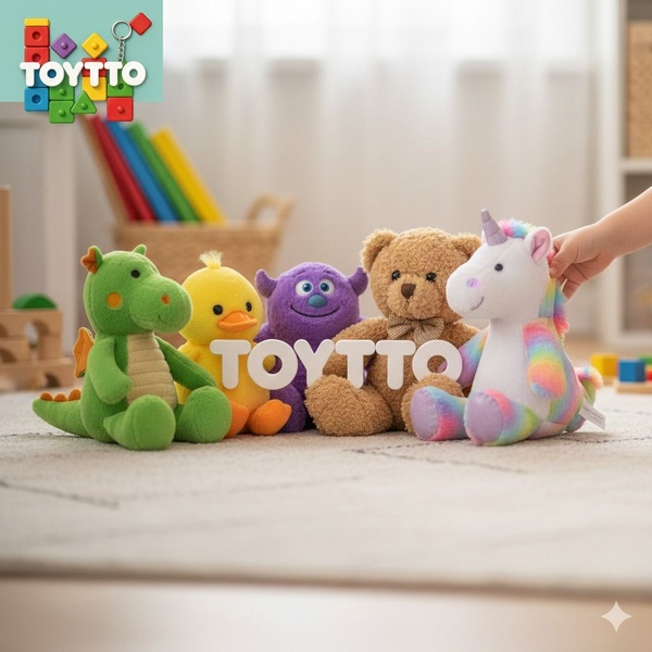 A high-quality 1:1 image featuring a variety of colorful plush toys arranged on a soft, neutral carpet in a brightly lit room.