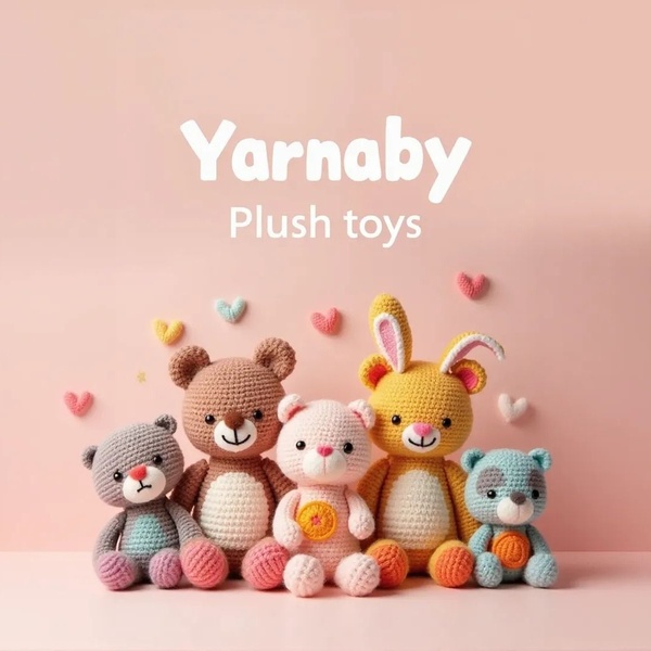 A clean, minimalist 1:1 square graphic featuring a balanced collection of five unique crochet-style plush toys on a soft monochromatic background.
