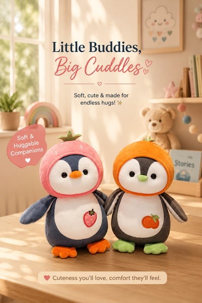 A warm, home-lifestyle ad featuring two soft penguin plush toys with fruit-themed hoods, emphasizing comfort and companionship.