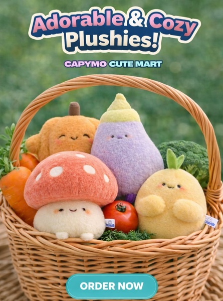 A high-conversion product hero ad featuring a basket of assorted vegetable-themed plushies in a natural, soft-lit garden setting.