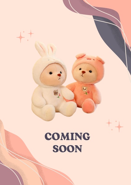 A clean, minimalist product teaser featuring two plush toys in a warm color palette to build anticipation for a new release.
