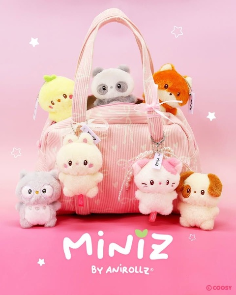 This creative showcases a collection of plush animal toys arranged in a branded tote bag against a vibrant pink studio background.