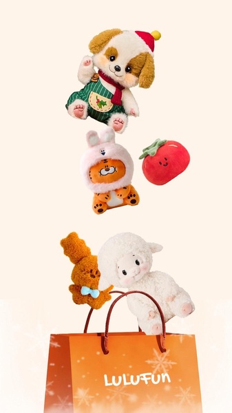 A festive, high-contrast hero shot of various plush toys being playfully dropped into a branded holiday shopping bag.