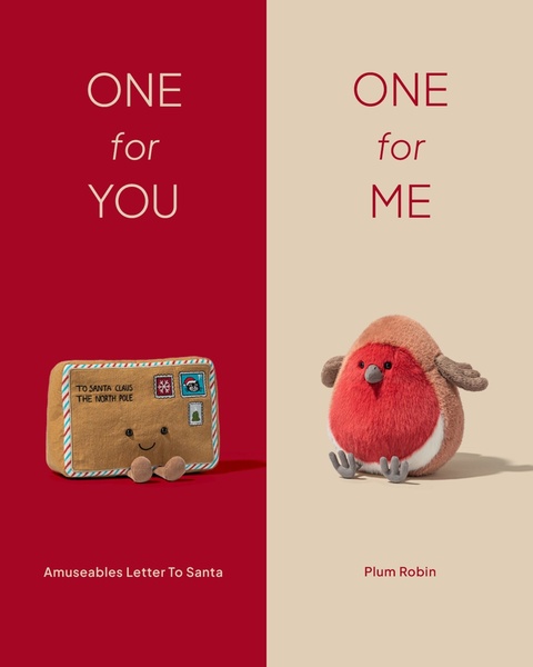 A split screen creative showing two plush toys side-by-side with clear text separating the two items as gifts for others versus gifts for oneself.