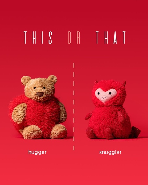 A split-screen comparison creative pitting two distinct plush toys against each other to drive user interaction and preference.
