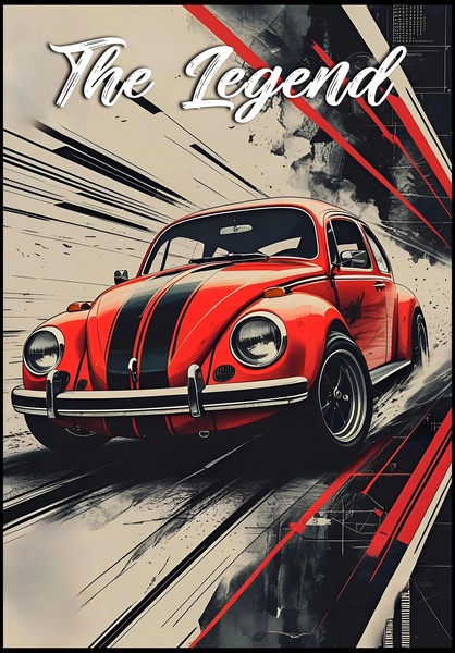 A high-energy, stylized depiction of a classic red car in motion with bold motion lines and a vintage poster look.