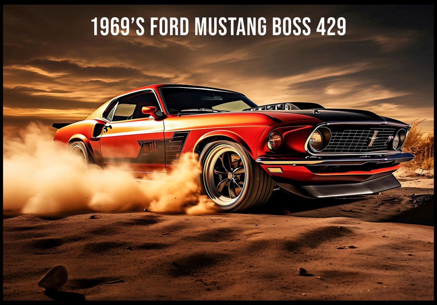 A high-impact, cinematic wide shot of a classic 1969 Ford Mustang Boss 429 kicking up dust in a desert landscape during a dramatic sunset.