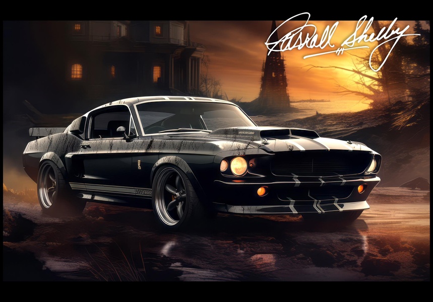 A high-contrast, moody cinematic shot of a customized black muscle car set against a dramatic, desaturated sunset backdrop.