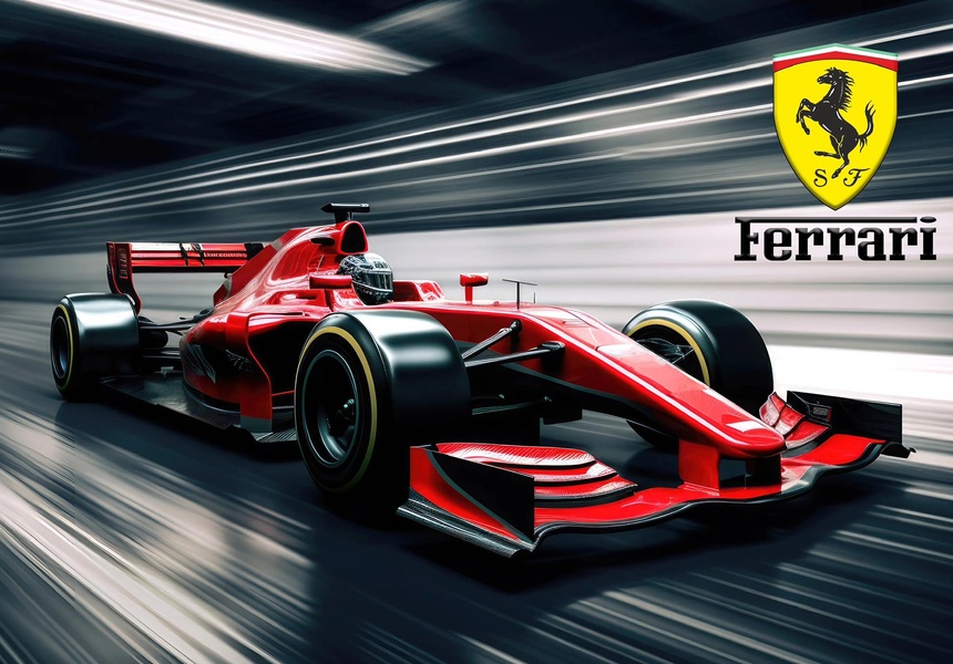 A high-fidelity render of a red Ferrari F1 car moving at extreme speeds inside a tunnel, emphasizing aerodynamic design and motion blur.