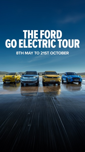 A high-impact hero shot featuring a four-vehicle electric lineup on a reflective wet surface, communicating a clear event window and brand aesthetic.