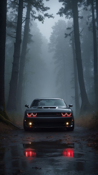 A high-contrast, moody shot of a Dodge Challenger in a foggy forest setting, emphasizing brand presence and sleek design.