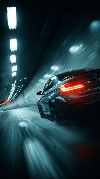 A cinematic, low-angle shot of a car driving through a tunnel at high speed with intense motion blur and red rear light trails.