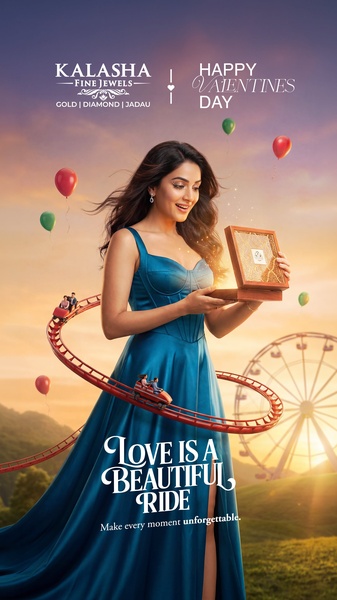 A high-end jewelry creative featuring a woman opening a gift box on a stylized rollercoaster, symbolizing an unforgettable romantic experience.