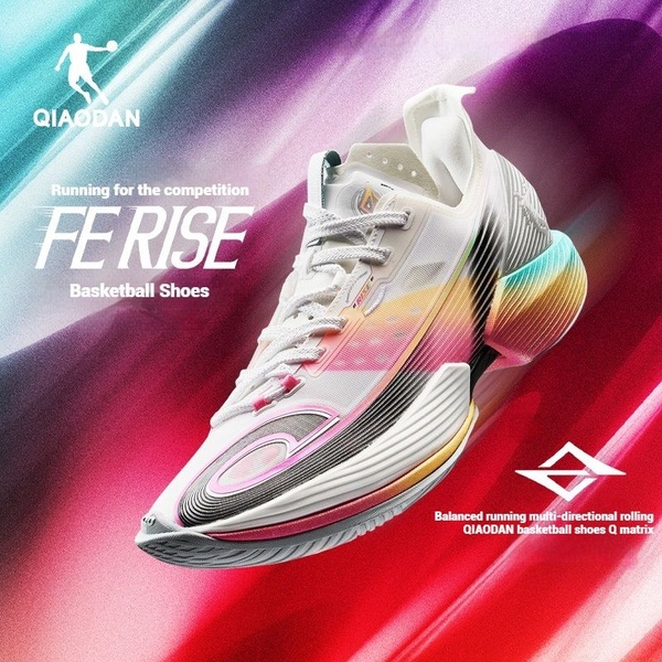 This creative showcases the FE RISE basketball shoe using a blurred motion background and high-contrast, multi-directional color gradients to emphasize speed and agility.