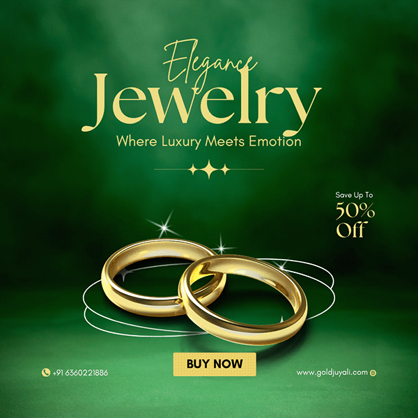 A high-end, minimalist creative for gold rings featuring an elegant green background and a clear 50% off discount incentive.