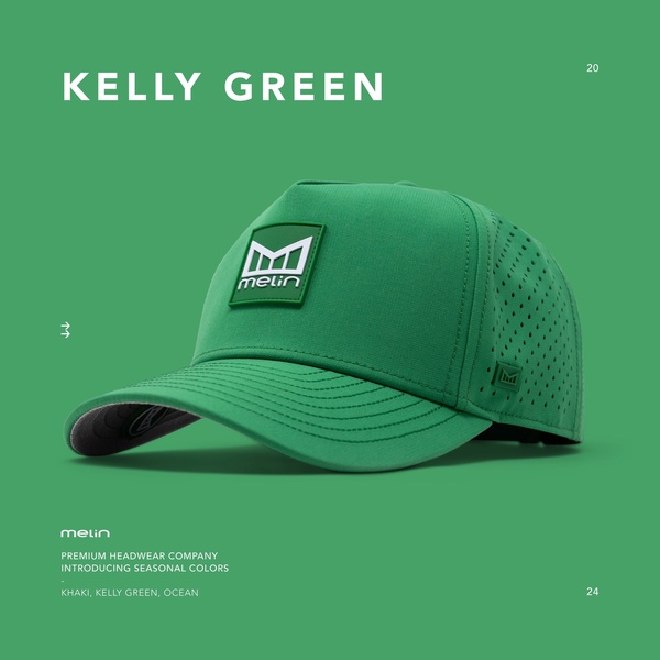 A clean, high-contrast product display focusing on a single seasonal colorway for a baseball cap with minimal typography and studio lighting.