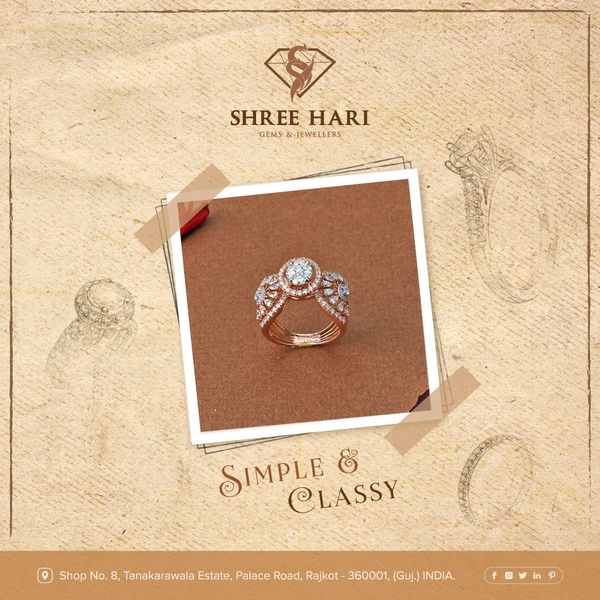A refined product advertisement featuring a diamond ring centered on a brown, textured backdrop with sketch-style jewelry accents.