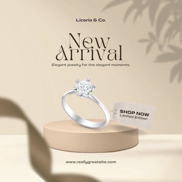 A high-end, minimalist product shot featuring a single diamond ring on a pedestal, utilizing neutral tones to convey luxury and elegance.
