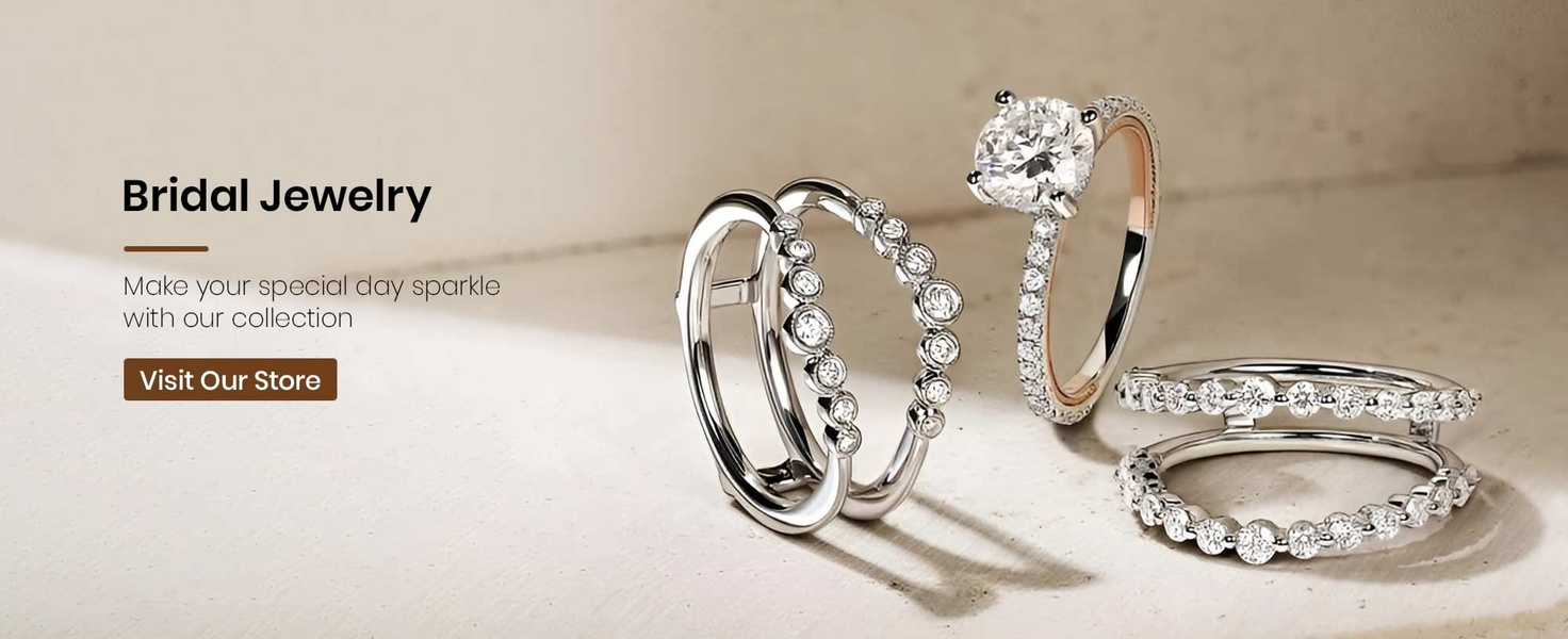 A high-end product display showcasing elegant bridal jewelry rings against a clean, neutral textured background with soft, natural lighting.