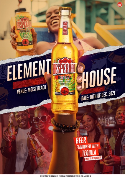 A vibrant lifestyle creative showcasing a product bottle as the central hero, surrounded by a celebratory group setting to promote an event.