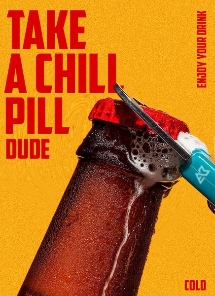 A high-contrast beverage advertisement featuring an opening beer bottle against a vibrant yellow background with bold, direct-command text.