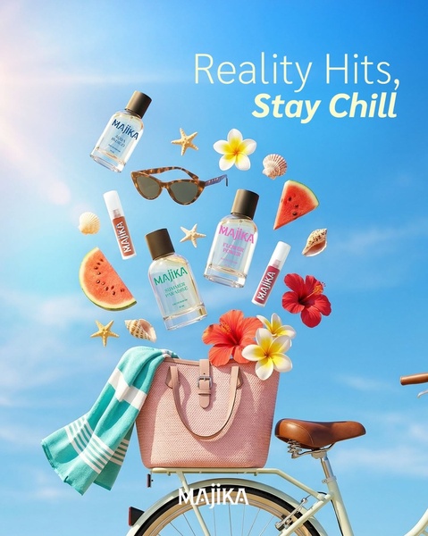 A vibrant summer-themed flat lay featuring perfume bottles, cosmetics, and beach accessories suspended against a clear blue sky background.