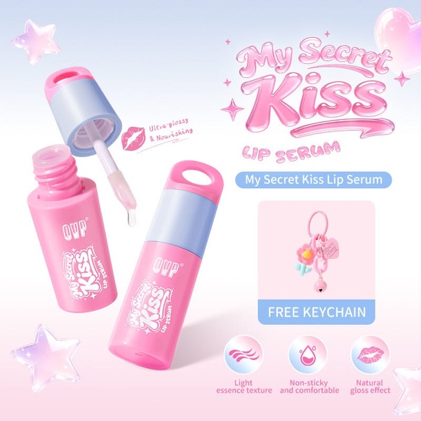 This creative showcases a lip serum product with soft pastel colors, floating star graphics, and clear benefit icons to highlight product features.