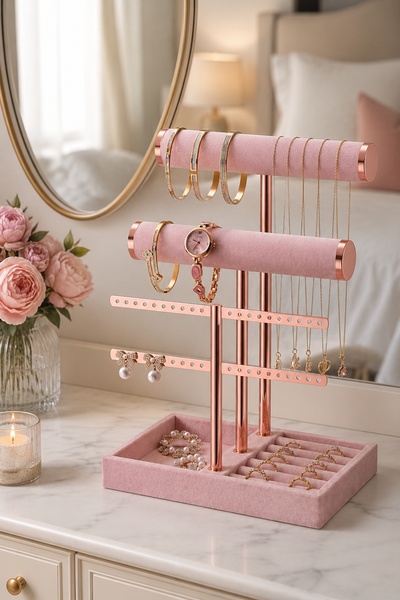 A high-end product display showcasing a jewelry stand holding necklaces, watches, and rings on a clean vanity surface.