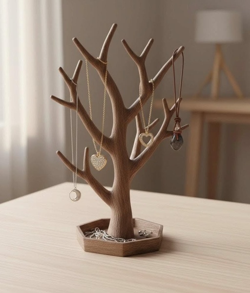 A high-quality studio shot of a wooden tree-shaped jewelry organizer holding various necklaces, resting on a clean, light-toned surface.