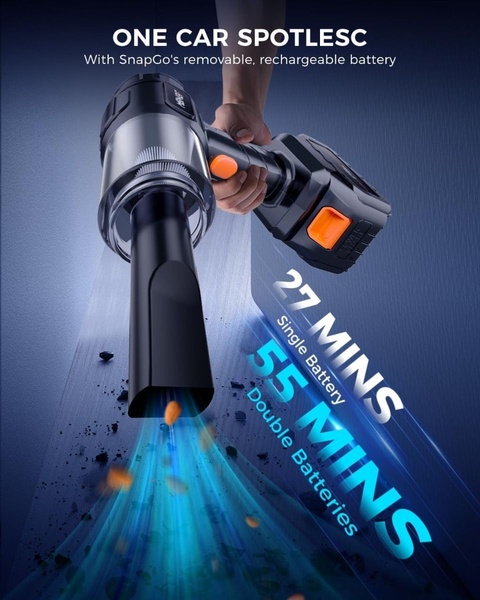 This creative highlights the runtime advantage of a cordless vacuum cleaner by directly comparing single versus double battery performance.
