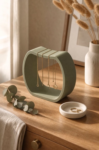 A high-end, lifestyle-focused studio shot featuring a sage green minimalist jewelry holder alongside a small ceramic tray on a warm wooden vanity.