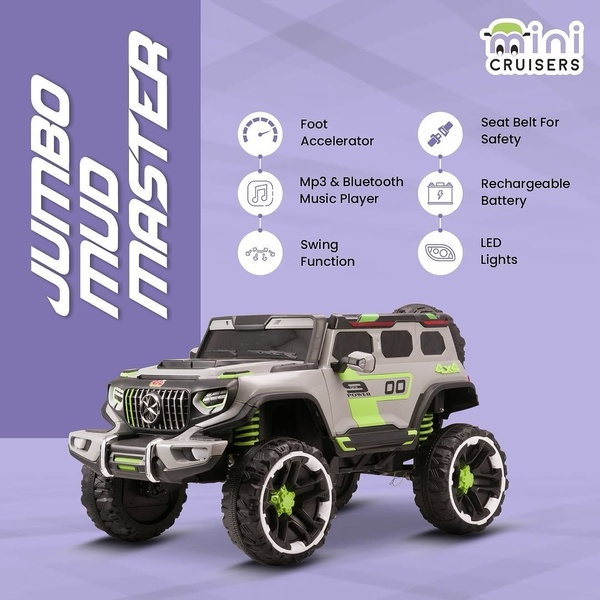 A clean, functional feature breakdown for the Jumbo Mud Master toy car, using a balanced grid layout to showcase technical specifications alongside the product hero shot.