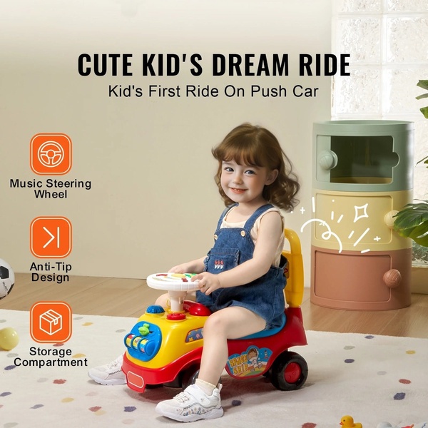 A square-ratio product advertisement featuring a child on a colorful push car, using orange icons to call out key functional features like music, anti-tip design, and storage.