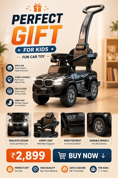 A clean, gift-focused promotional ad for a kids car toy featuring a clear benefit grid and a bold call-to-action.