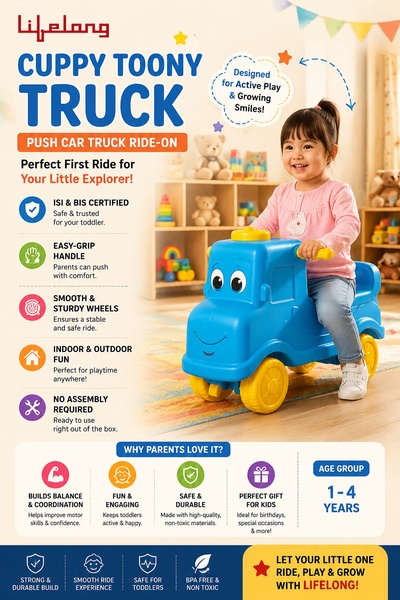 A high-clarity vertical ad featuring a toddler riding a blue push truck with an annotated breakdown of its safety and developmental benefits.