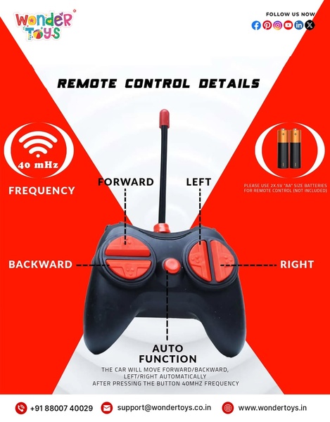 An instructional visual guide labeling the buttons and technical frequency specifications for a remote control toy.