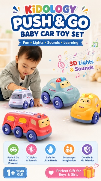 A feature-rich product collage showing baby car toys with clear iconography for safety, movement, and play value.