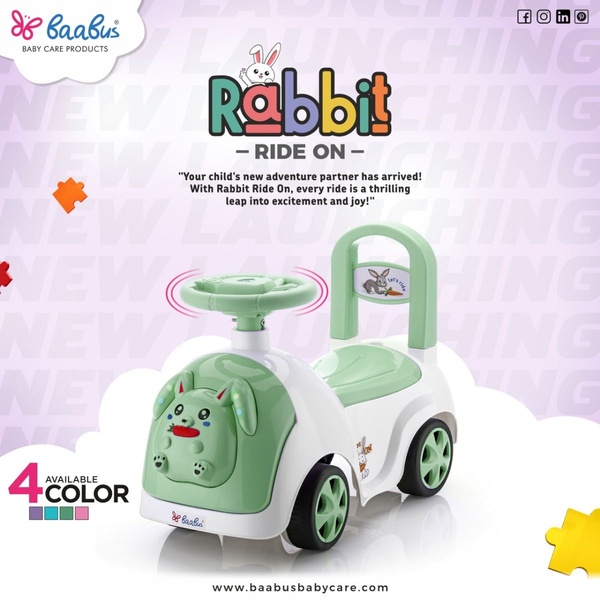 A clean, bright product launch advertisement for a children's ride-on toy featuring high-contrast colors and a benefit-driven headline.