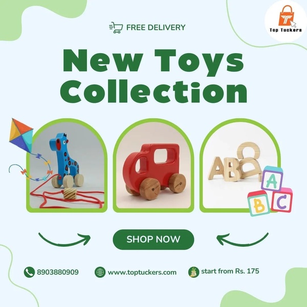 A clean 1:1 square display showing three distinct wooden toy items with a clear shop-now call to action and brand information.