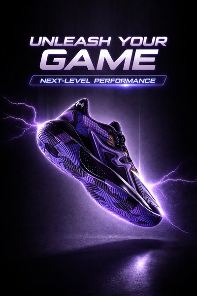 A high-performance sneaker is suspended in the center, surrounded by purple lightning bolts against a dark background, emphasizing intense energy.