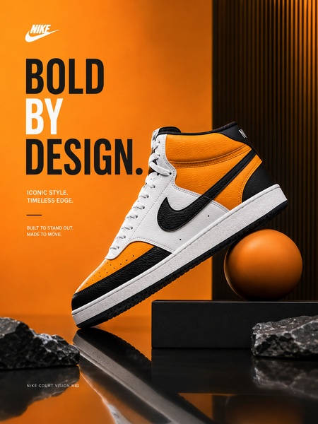 A high-contrast studio shot of a white and orange sneaker, balancing aesthetic geometry with bold, clean typography.