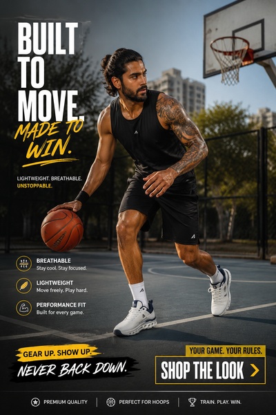 An action-oriented ad for a basketball tank top featuring a model on a court, emphasizing athletic performance and gear benefits.