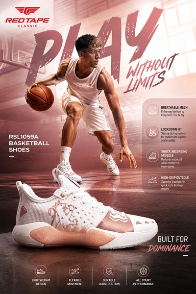 A high-energy ad showing a basketball player in motion next to a clear product shot, with bulleted feature highlights for quick readability.