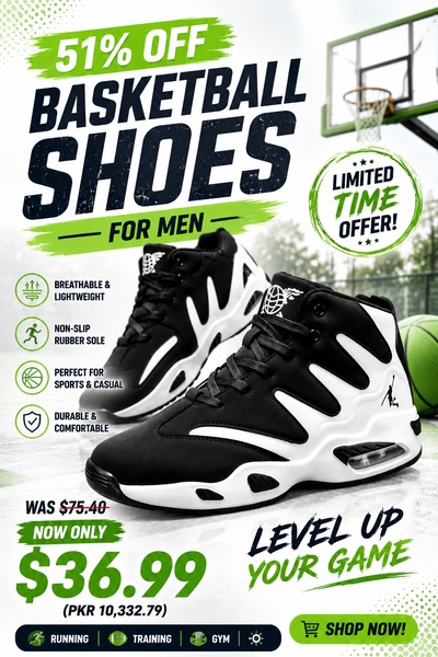 A vertically-oriented basketball shoe advertisement featuring high-contrast text overlays, clear benefit bullet points, and a prominent limited-time discount offer.