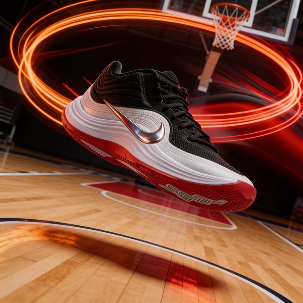A high-performance basketball shoe suspended in mid-air on a hardwood court, framed by stylized orange light trails that suggest intense motion and energy.