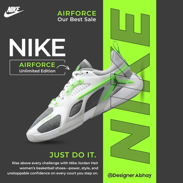 A high-impact product display featuring a white sneaker against a dark charcoal background with neon green accents and bold typography.