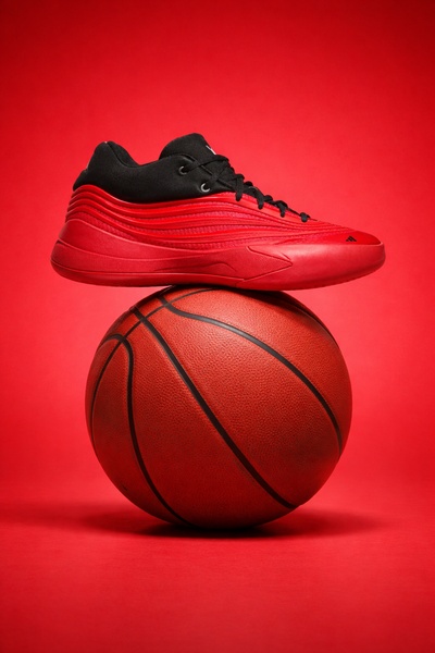 A high-performance basketball sneaker is perfectly balanced atop a matching red basketball against a deep monochromatic red background.