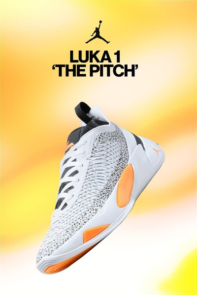 A high-impact product hero shot of a white and orange sneaker floating against a gradient yellow background.