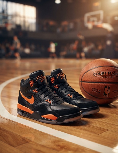 A professional product shot featuring high-top sneakers placed on a hardwood basketball court next to a basketball.